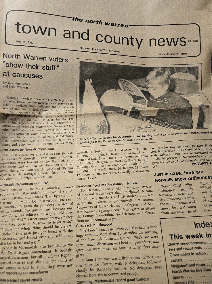 January 25, 1980 front page, North Warren Town and County News, by Dorraine Lonas and Dave Wheeler