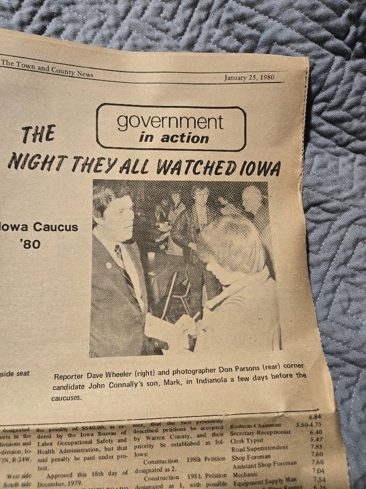 1980 clipping: reporter Dave Wheeler with Mark Connally in Indianola