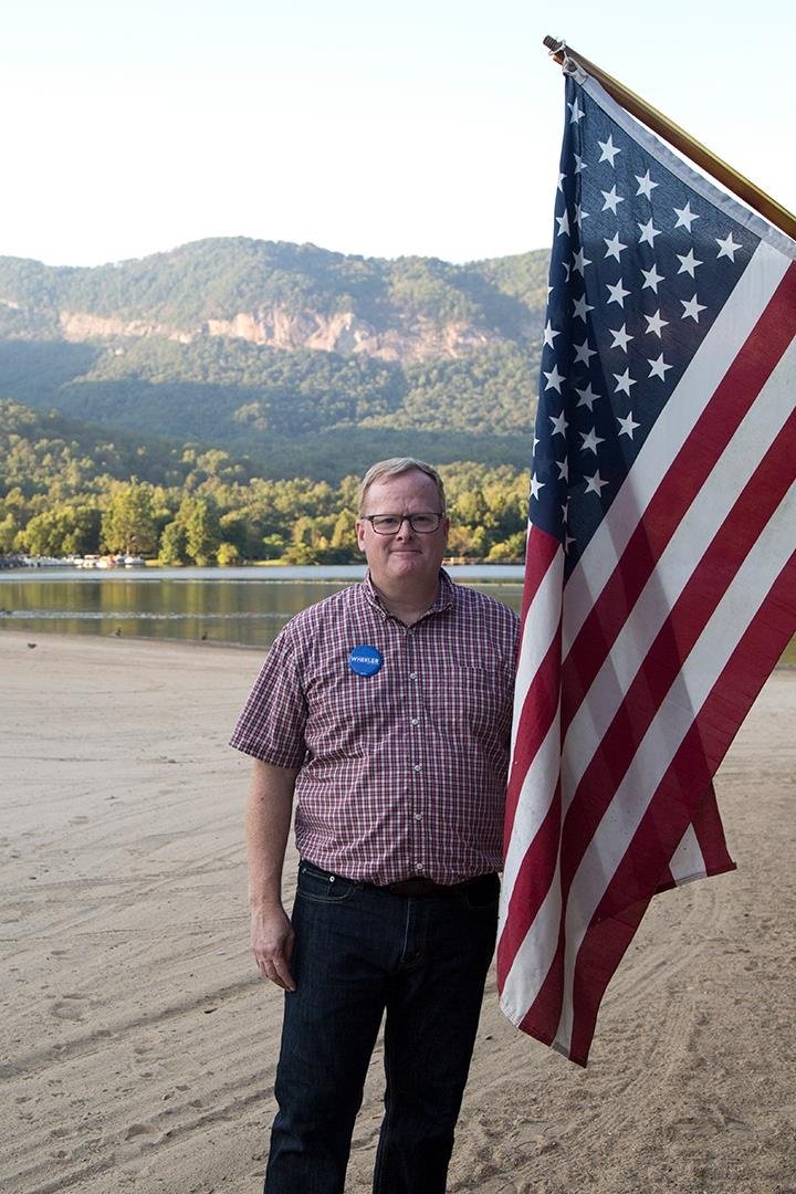 David B. Wheeler at Lake Lure with Chimney Rock behind