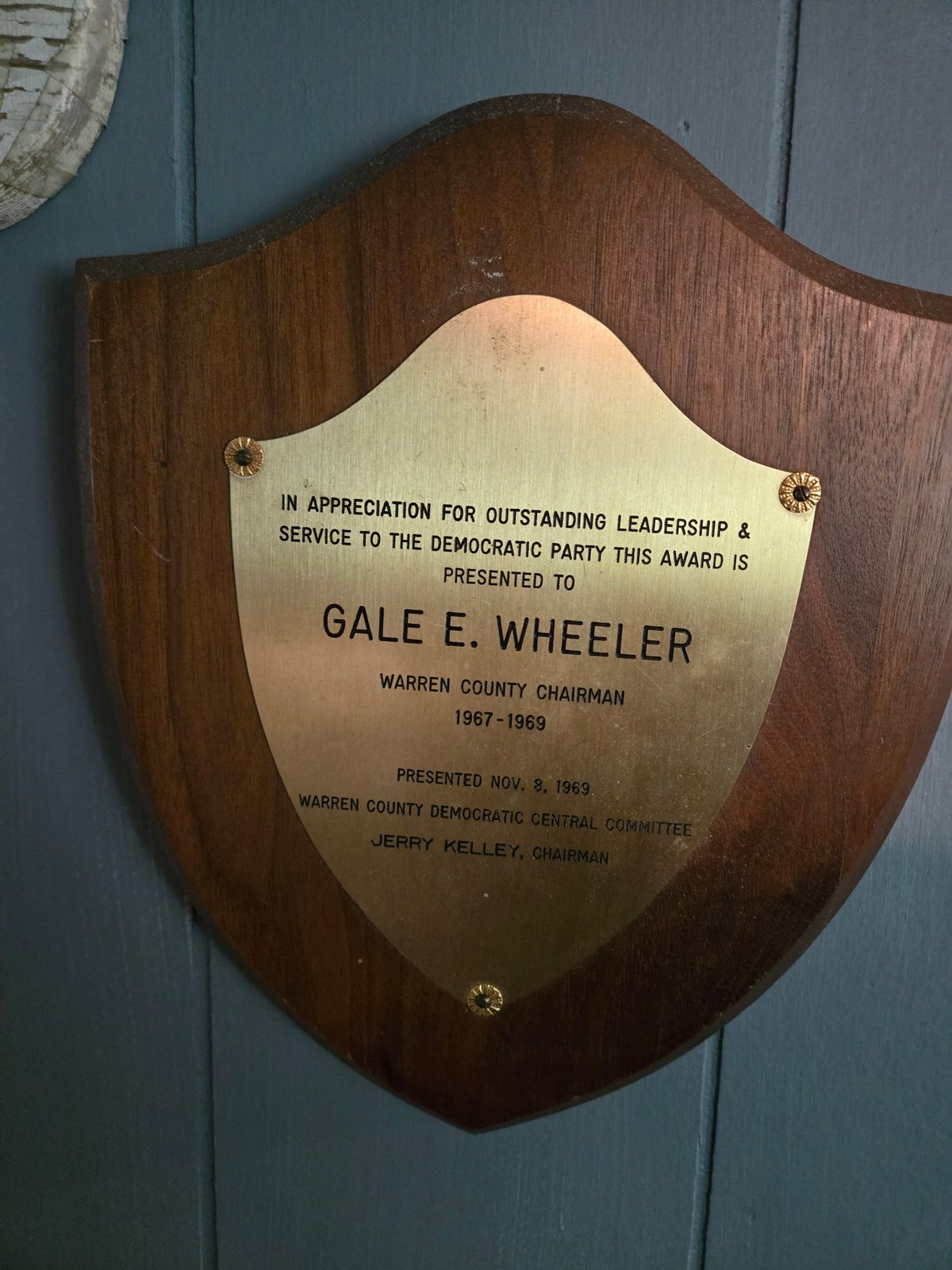 Plaque honoring Gale E. Wheeler, Warren County Democratic Chairman 1967 to 1969